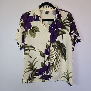Favant Hawaii Purple Floral Cream Hawaiian Button-Up